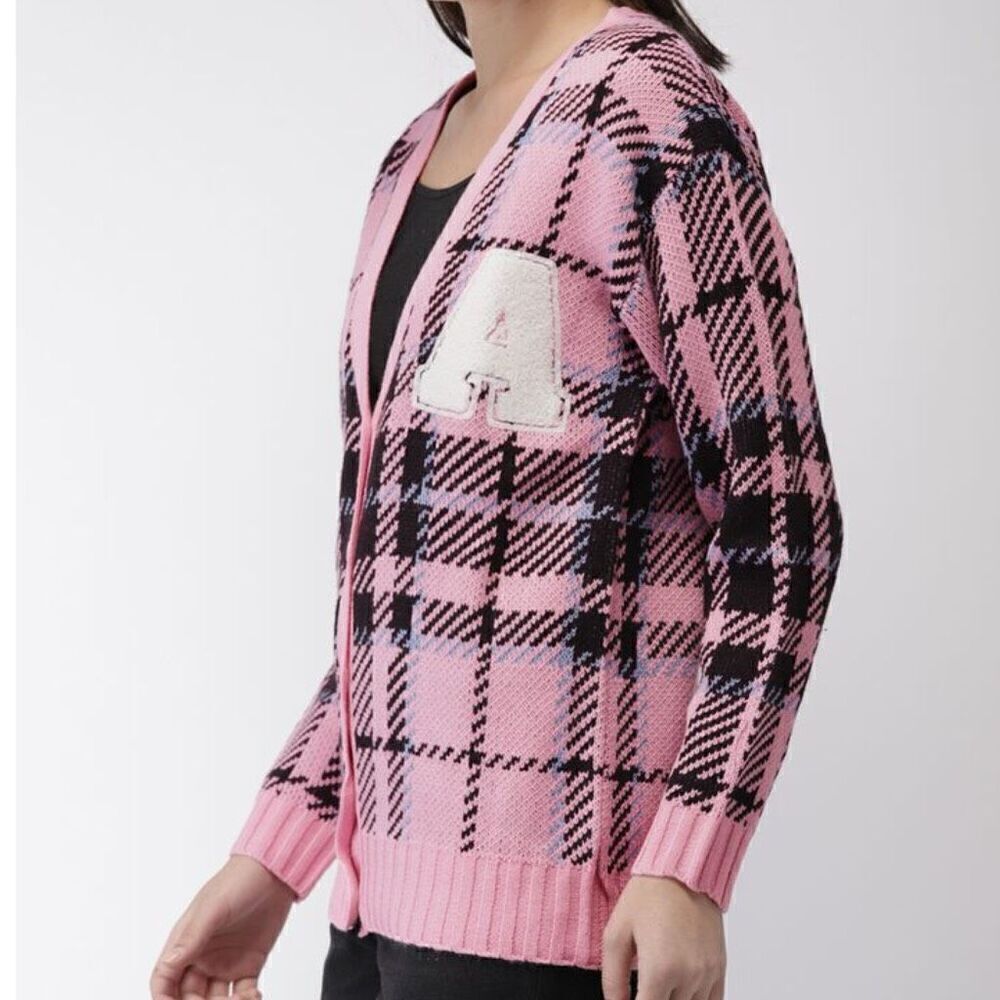 NWT Forever 21 Pink Plaid Academia Letterman Cardigan Sweater - Small